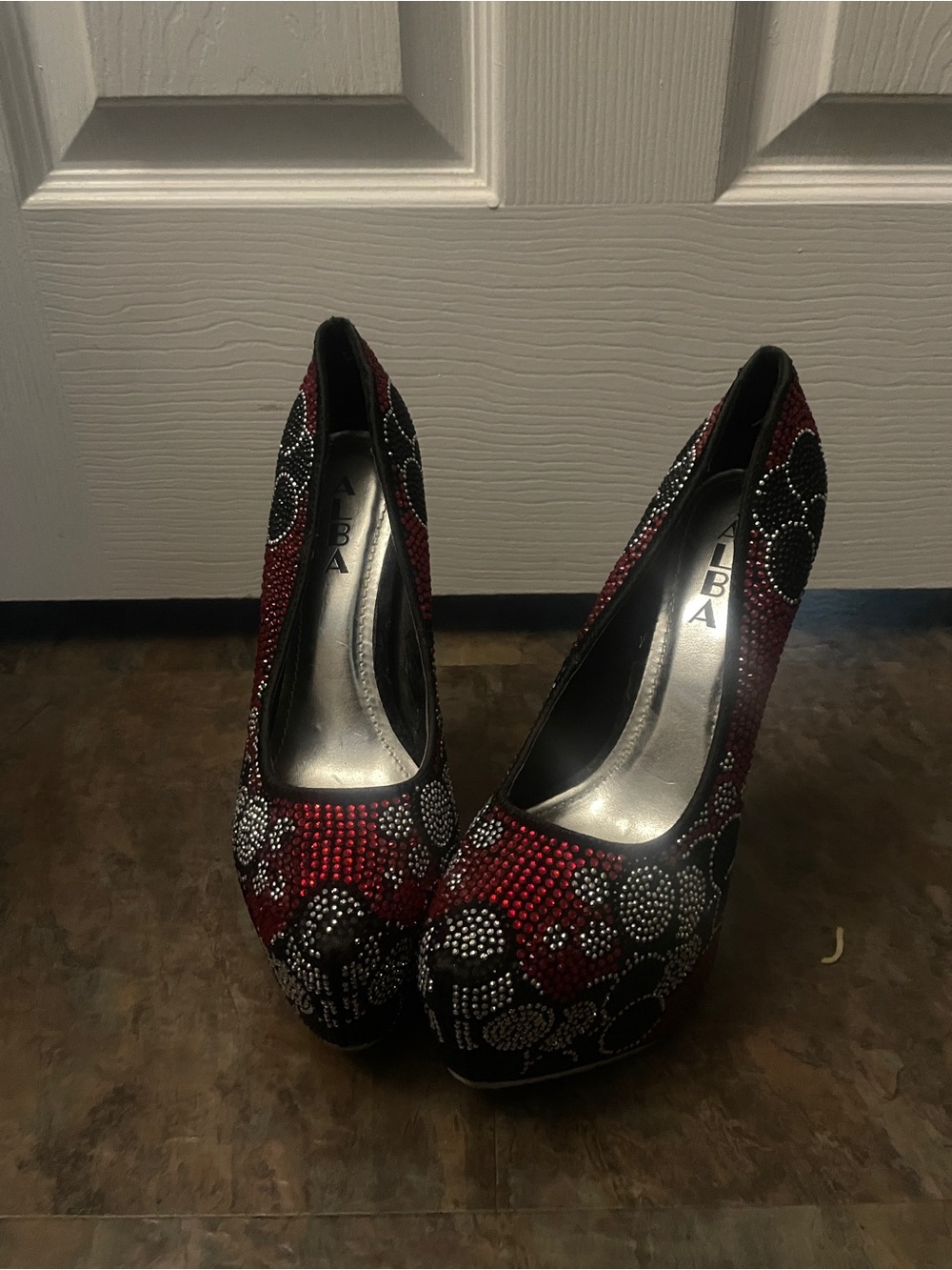 Alba Red and Black Crystal Floral Platform Heels